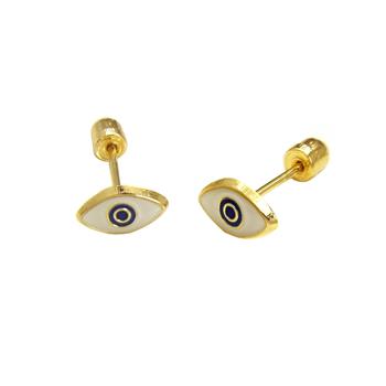 14K Yellow Gold Black Evil Eye With Screw Back Stud Earrings