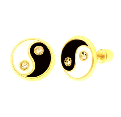 14K Yellow Gold Yin Yang Enamel With Screw Back Stud Earrings