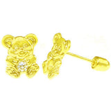 14K Yellow Gold Bear With CZ Screw Back Stud Earrings