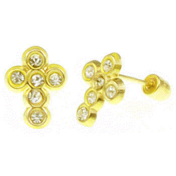 14K Yellow Gold Cubic Zirconia Cross With Screw Back Stud Earrings