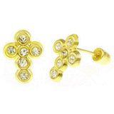 14K Yellow Gold Cubic Zirconia Cross With Screw Back Stud Earrings