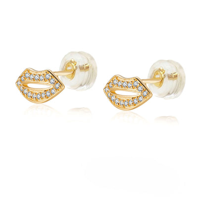 14K Yellow Gold Micro Pave CZ Lip Stud Earrings With Silicone Backing