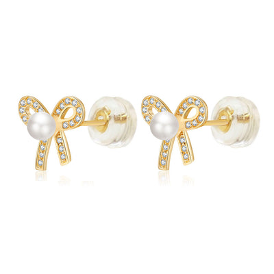 14K Yellow Gold Pave CZ Bow Pearl Stud Earrings With Silicone Backing