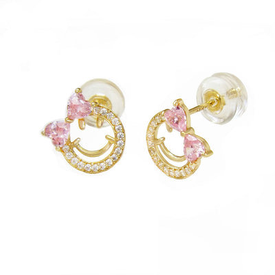 14K Yellow Gold Smile Emoji Girl With Silicone Back Stud Earrings