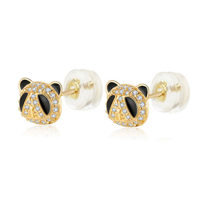 14K Yellow Gold Panda CZ Enamel Stud Earrings With Silicone Back