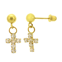 Load image into Gallery viewer, 14K Yellow Gold Dangle CZ Cross Ball With Screw Back Earrings