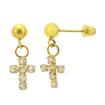 14K Yellow Gold Dangle CZ Cross Ball With Screw Back Earrings