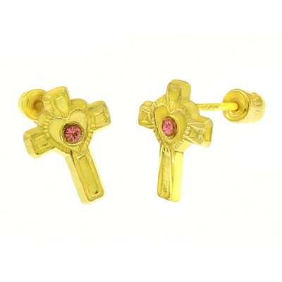 14K Yellow Gold Small Cross With Screw Back Stud Earrings