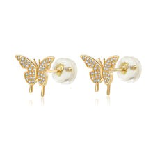 Load image into Gallery viewer, 14K Yellow Gold Micro Pave CZ Butterfly Stud Earrings With Silicone Backing