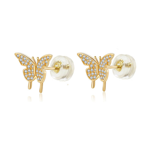 14K Yellow Gold Micro Pave CZ Butterfly Stud Earrings With Silicone Backing