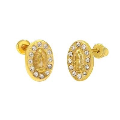 14K Yellow Gold Lady Of Guadalupe Crystal Stud Earrings With Screw Back