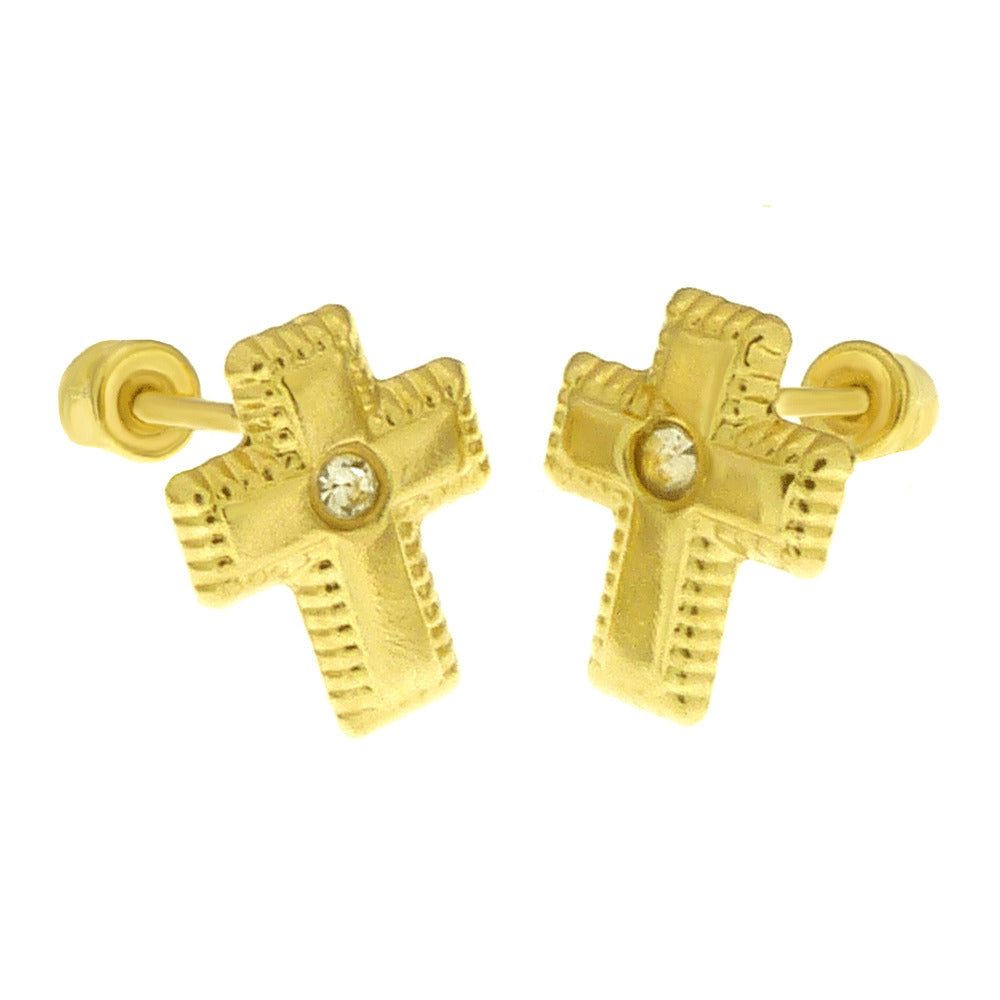 14K Yellow Gold Cross With Screw Back Stud Earrings