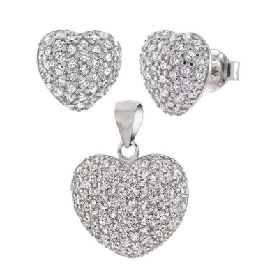 Sterling Silver Micro Pave CZ Heart Earrings And Pendant Set