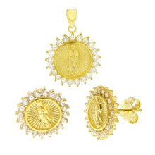 Load image into Gallery viewer, Sterling Silver Lady of Guadalupe Round Gold Plated Earrings and Pendant Set