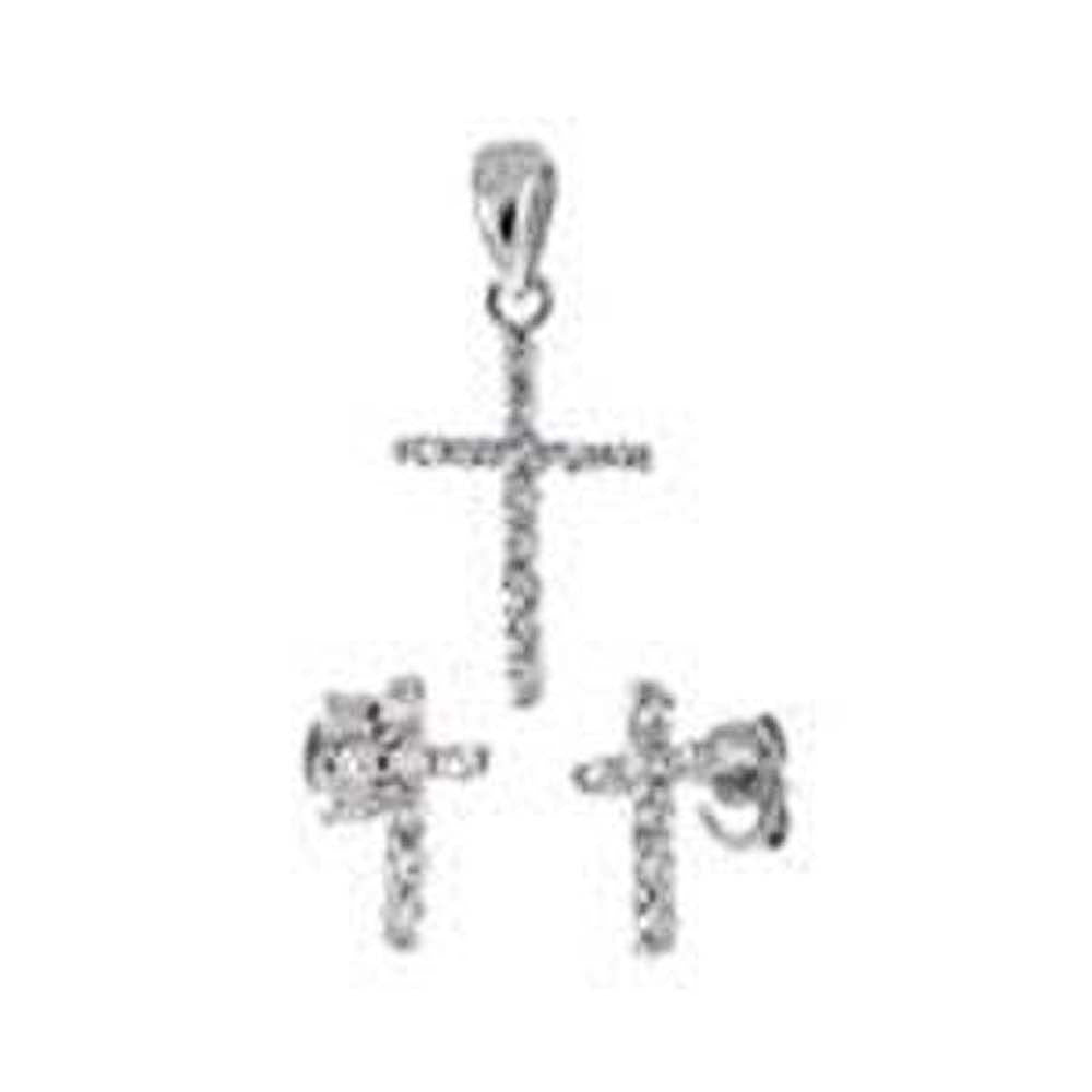 Sterling Silver Cubic Zirconia Cross Earrings and Pendant Set