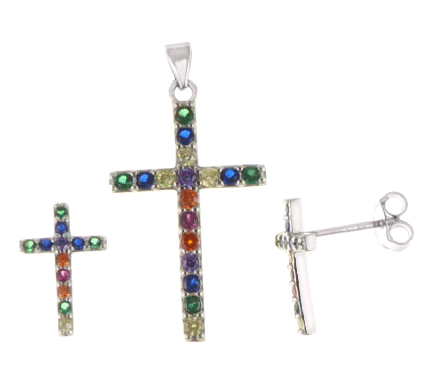 Sterling Silver Multi Color CZ Cross Earrings And Pendant Set