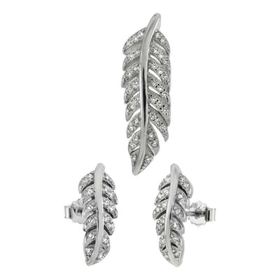 Sterling Silver CZ Feather Earring and Pendant Set