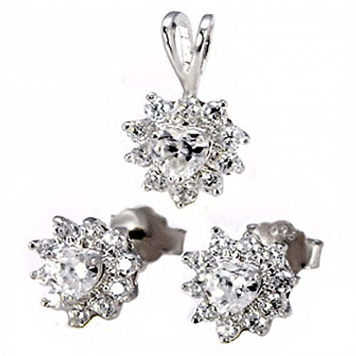 Sterling Silver Clear Cz Heart Earring and Pendant Set with Earring and Pendant Dimension of 10MMx10Mm