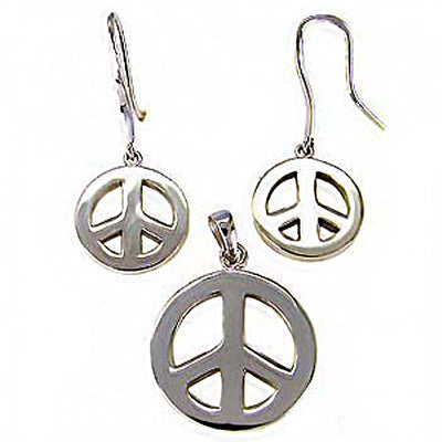Sterling Silver Rhodium Finished Peace Sign Earrings and Pendant Set with Earring Diameter of 14MM and Pendant Diameter of 19MM