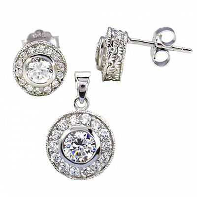 Sterling Silver Clear Cz Circle Earrings and Pendant Set with Earring Diameter of 10MM and Pendant Diameter of 13MM