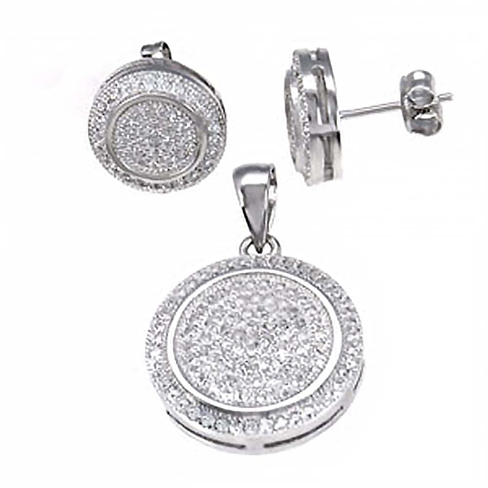 Sterling Silver Micro Pave Set Clear Cz Circle Earrings and Pendant Set with earring Diameter of 12MM and Pendant Diameter of 18MM