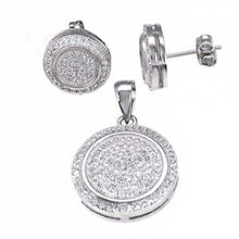 Load image into Gallery viewer, Sterling Silver Micro Pave Set Clear Cz Circle Earrings and Pendant Set with earring Diameter of 12MM and Pendant Diameter of 18MM