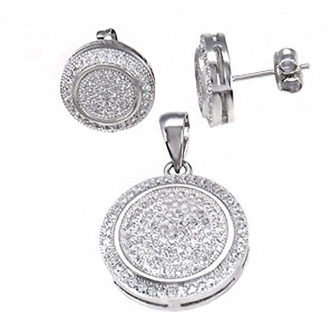 Sterling Silver Micro Pave Set Clear Cz Circle Earrings and Pendant Set with earring Diameter of 12MM and Pendant Diameter of 18MM