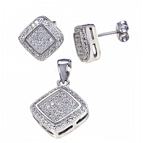 Sterling Silver Micro Pave Set Clear Cz Diamond Shape Earrings and Pendant Set with Earring Diameter of 12MM and Pendant Diameter of 20MM