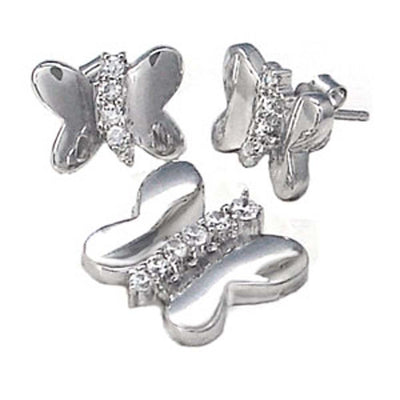 Sterling Silver Cz Butterfly Earring and Pendant Set with Earring Dimension of 12MMx22.23MM and Pendant Dimension of 12MMx31.75MM