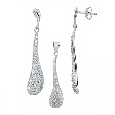 Sterling Silver Micro Pave Cz Earrings and Pendant Set with Earring Dimension of 9MMx44.45MM and Pendant Dimension of 9MMx41.28MM