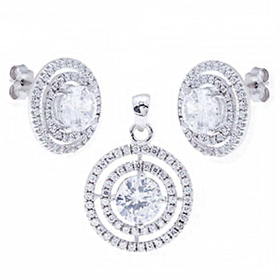 Sterling Silver Center 6MM Pave Set Round Cz Earring and Bracelet Set with Pendant Diameter of 15.30MM and Earring Diameter of 13.70MM