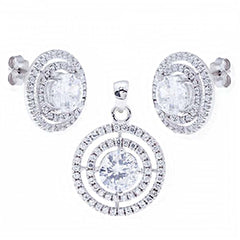 Sterling Silver Center 6MM Pave Set Round Cz Earring and Bracelet Set with Pendant Diameter of 15.30MM and Earring Diameter of 13.70MM