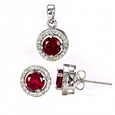 Sterling Silver Ruby and Micro Pave Clear Cz Earrings and Pendant Set with Earring and Pendant Dimension of 11MMx11MM