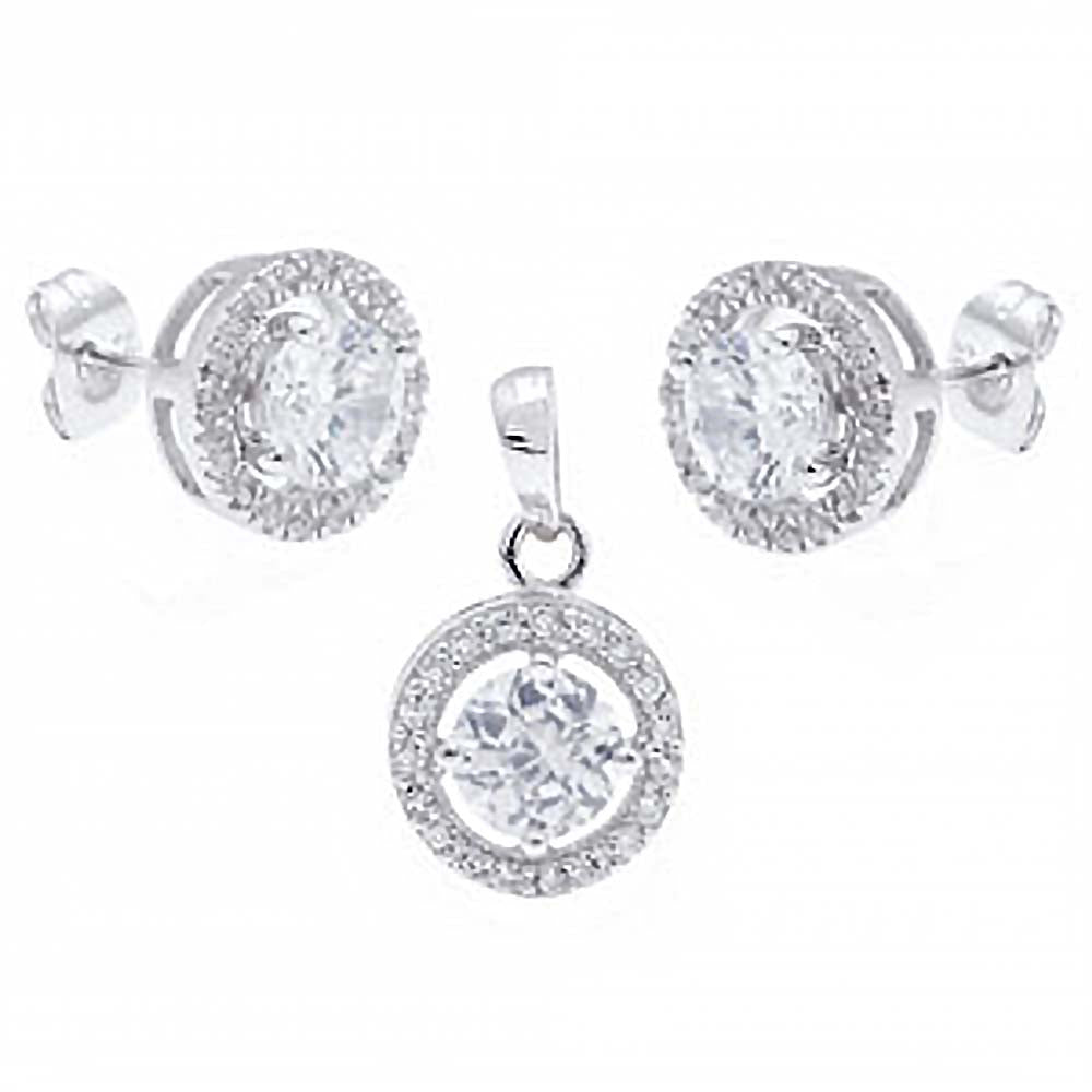 Sterling Silver 6MM Round Clear Cz Earring and Pendant Set with Earring and Pendant Dimension of 11MMx11MM