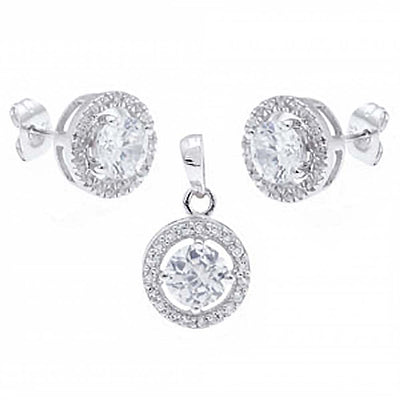 Sterling Silver 6MM Round Clear Cz Earring and Pendant Set with Earring and Pendant Dimension of 11MMx11MM
