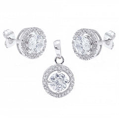 Sterling Silver 6MM Round Clear Cz Earring and Pendant Set with Earring and Pendant Dimension of 11MMx11MM