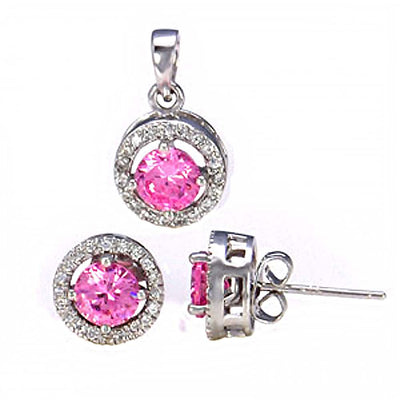 Sterling Silver 6MM Pink Cz Pendant/Earring Set with Earring and Pendant Dimension of 11MMx11MM