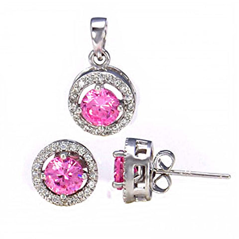 Sterling Silver 6MM Pink Cz Pendant/Earring Set with Earring and Pendant Dimension of 11MMx11MM