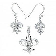 Load image into Gallery viewer, Sterling Silver Fleur De Lis Clear Round Cz Earrings and Pendant Set with Earring Dimension of 12MMx28.58MM and Pendant Dimension of 20MMx31.75MM