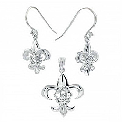 Sterling Silver Fleur De Lis Clear Round Cz Earrings and Pendant Set with Earring Dimension of 12MMx28.58MM and Pendant Dimension of 20MMx31.75MM