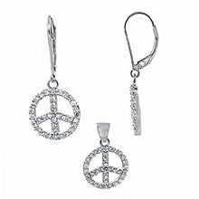 Load image into Gallery viewer, Sterling Silver Peace Sign Round Cz Lever Back Earrings and Pendant Set with Earring Dimension of 14MMx31.75MM and Pendant Dimension of 14MMx19.05MM