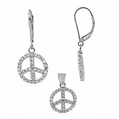 Sterling Silver Peace Sign Round Cz Lever Back Earrings and Pendant Set with Earring Dimension of 14MMx31.75MM and Pendant Dimension of 14MMx19.05MM