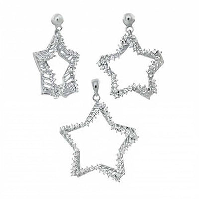 Sterling Silver Round Cz Star Shape Earrings and Pendant Set With Earring Dimension of 22MMx25.4MM and Pendant Dimension of 29MMx31.75MM