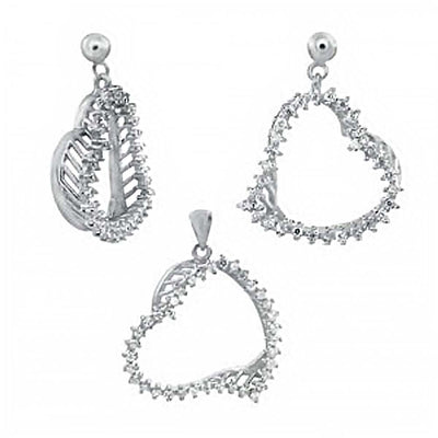 Sterling Silver Clear Cz Heart Shape Earrings and Pendant Set with Earring Dimension of 20MMx25.4MM and Pendant Dimension of 21MMx31.75MM