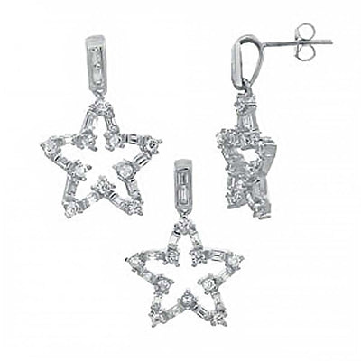 Sterling Silver Baguette Cz Star Earrings and Pendant Set with Earring and Pendant Dimension of 19MMx25.4MM