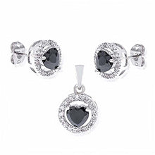 Load image into Gallery viewer, Sterling Silver Black Heart Cz Earrings and Pendant Set with Earring and Pendant Diameter of 10.30MM