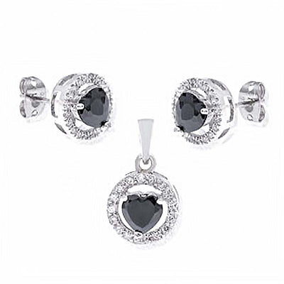Sterling Silver Black Heart Cz Earrings and Pendant Set with Earring and Pendant Diameter of 10.30MM