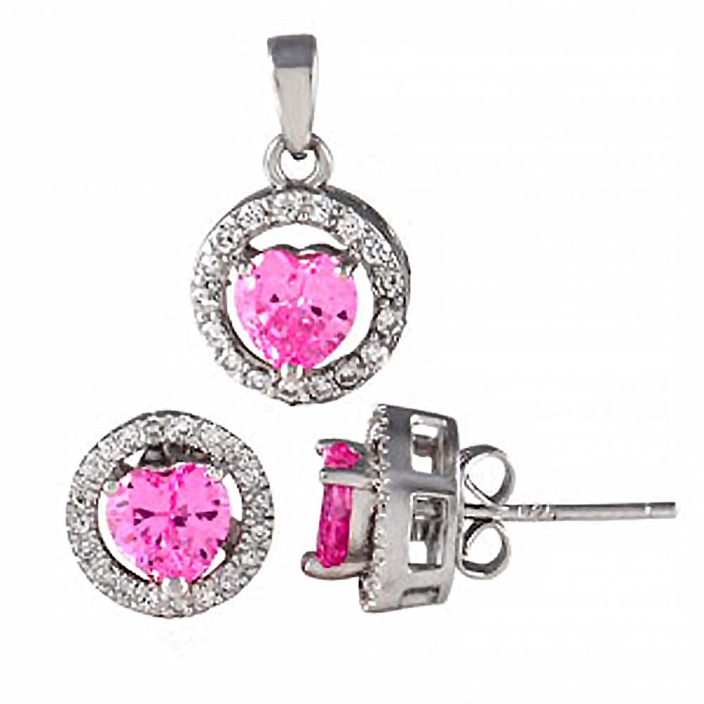 Sterling Silver Pink Cz Heart Earrings and Pendant Set with Earring and Pendant Dimension of 11MMx11MM