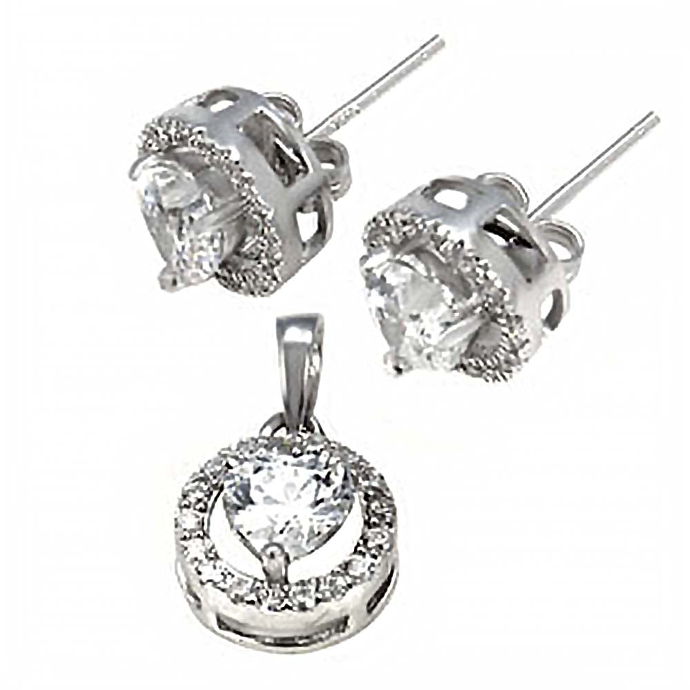 Sterling Silver Clear Cz Heart Earrings and Pendant Set with Earring and Pendant Dimension of 11MMx11MM