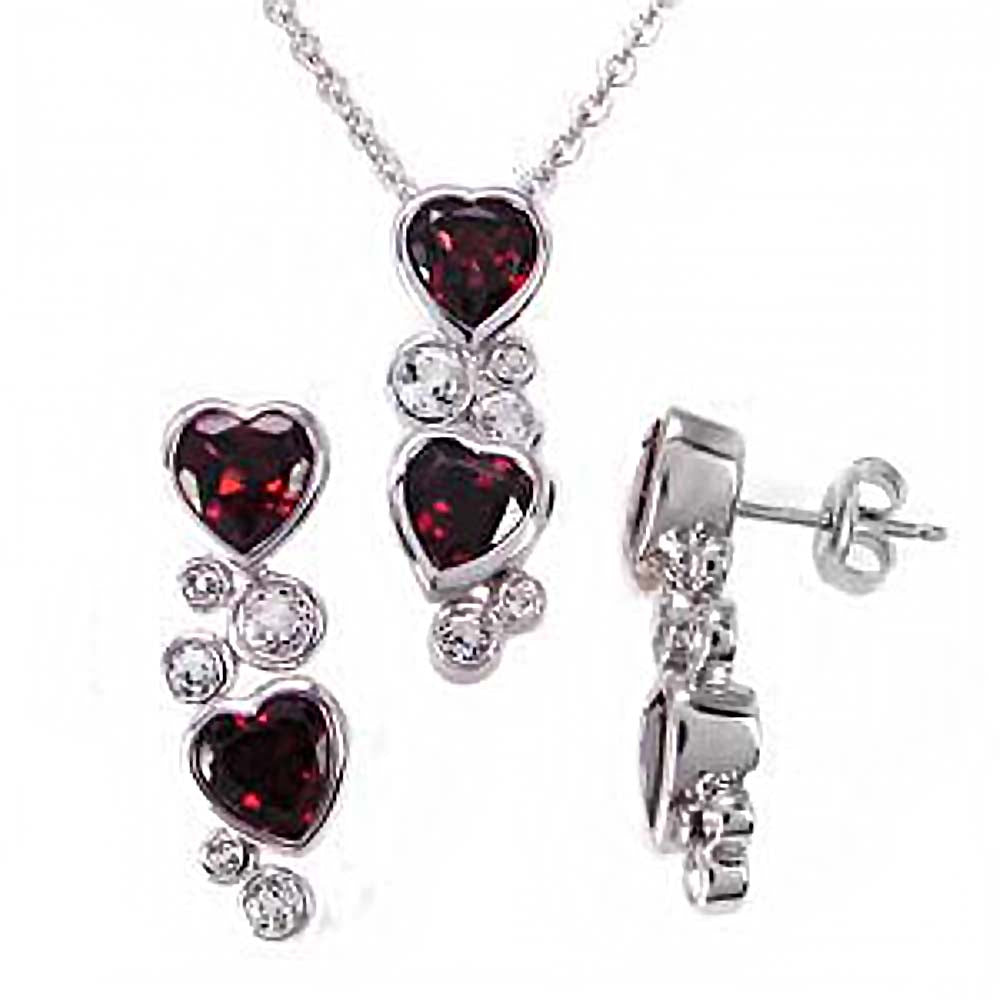 Sterling Silver Garnet Heart Earring and Pendant Set with 16  Rolo ChainAnd Earring and Pendant Dimension of 9MMx25.4MM